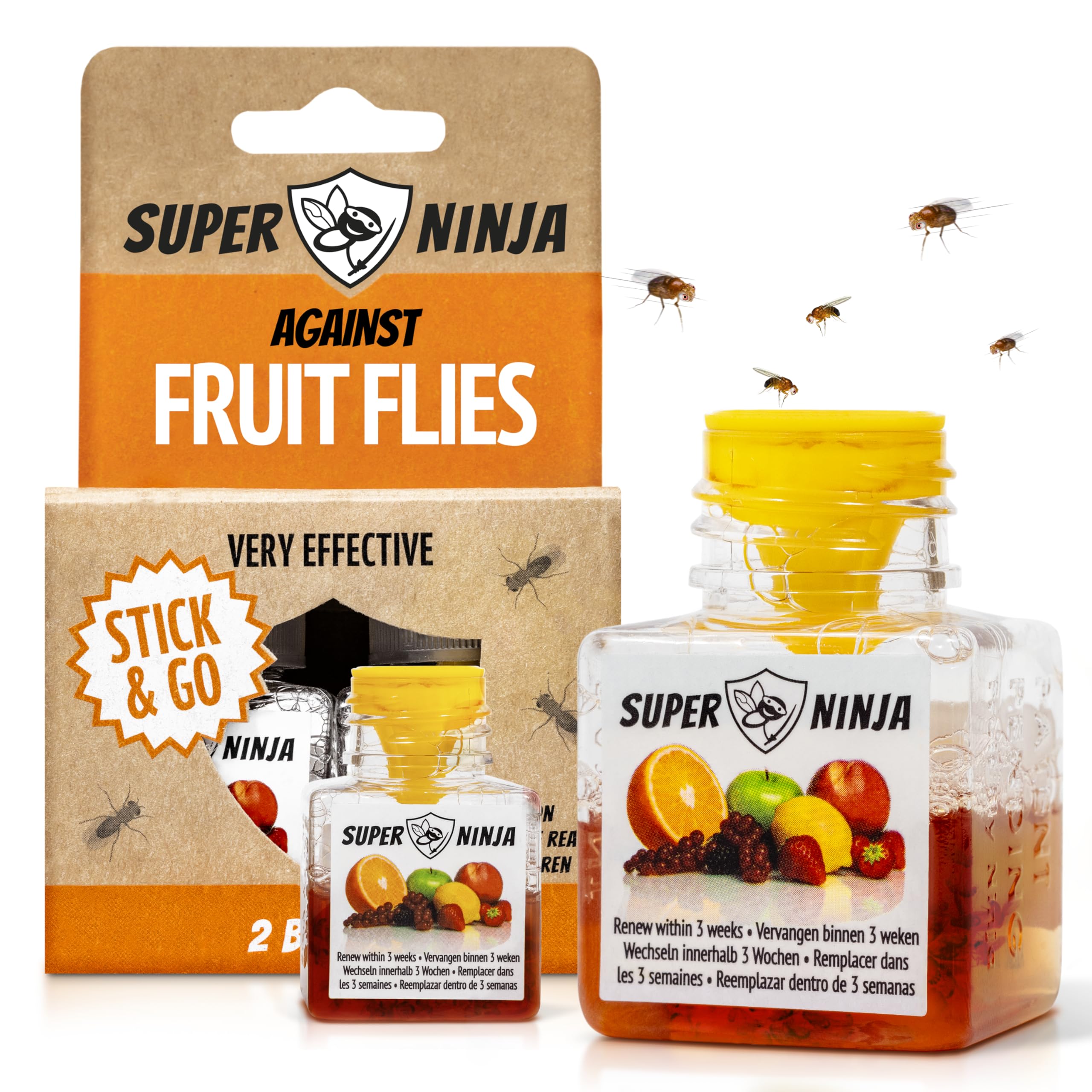 Super Ninja Fruit Fly Trap - 2 pack, Highly Effective Fruit Fly Killer for Home & Kitchen, Up to 3 Weeks of Performance per Bottle, Child & Pet Friendly
